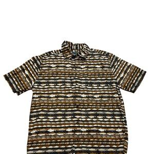 Woolrich Brown Black Cream Striped Fish-Print Short-Sleeve Shirt